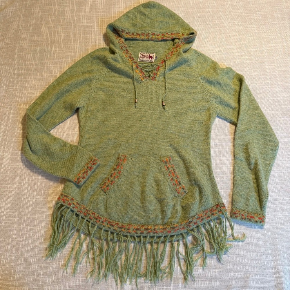 The Alpaca Connection Sage Green Alpaca Blend Fringe Hooded Sweater XL Peru